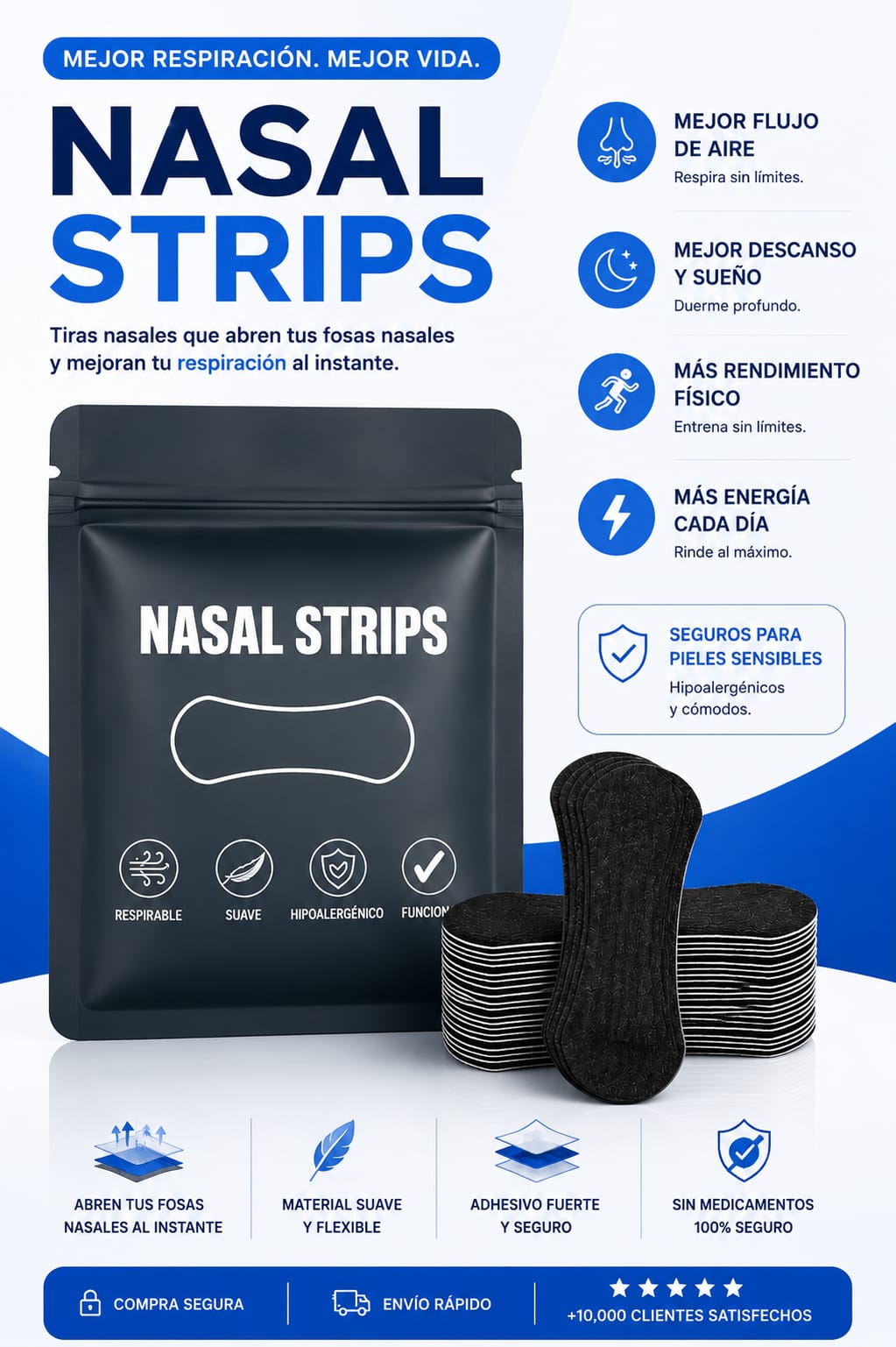 Infografía: características de las tiras nasales, hipoalergénicas y adhesivo fuerte